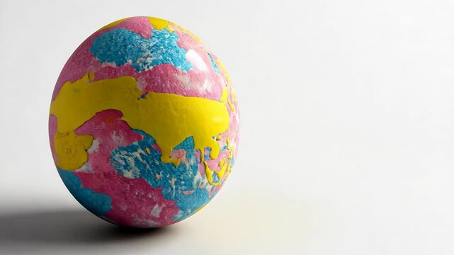 Colorful decorative egg with vibrant pink, blue, and yellow patterns sits on a smooth surface