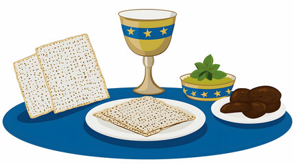 Passover Seder plate with matzah, wine, herbs, and dates