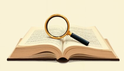 Open book with a magnifying glass on a light background for reading and studying concepts
