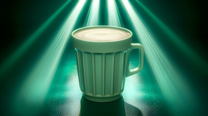 Creamy latte in mug, dark green background, spotlight effect, beverage menu