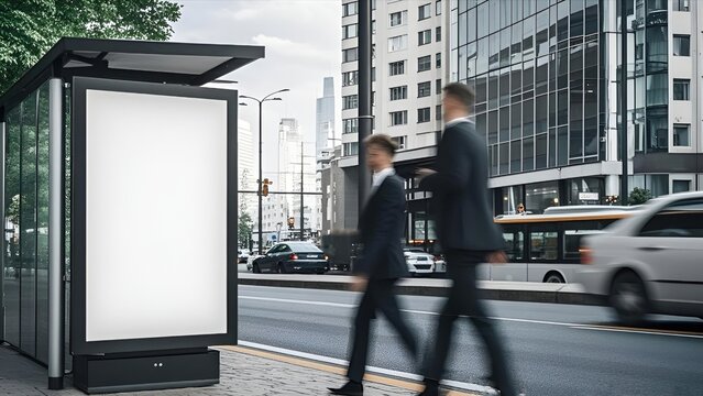 Blank White Billboard Banner Template on Bus Shelter Outdoor Street Sign Display Media with blurry business person - Powered by Adobe