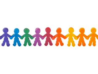 Colorful paper chain of people holding hands against a transparent background.  Illustrates unity and diversity, PNG
