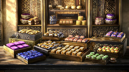 Exotic sweets display, ornate shop, Asian setting, background shelves
