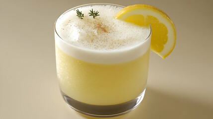 Frothy lemon cocktail, close-up, beige background, drink recipe