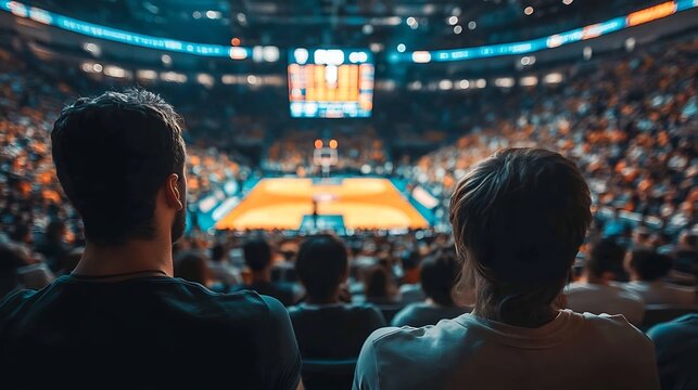 Fans watching basketball game from stands. March Madness thrill, intense championship competition and team support. Sports enthusiasts and basketball lovers