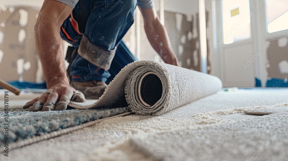 Poster Worker installs new carpet in a modern room, emphasizing quality and comfort during installation process Generative AI