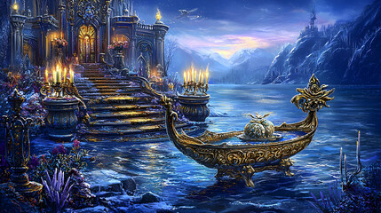Frozen lake palace, ornate boat, snowy mountains, magical scene, fantasy art