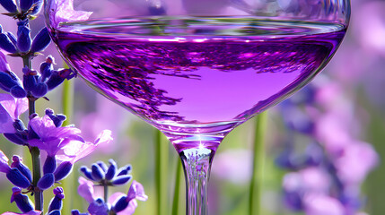 Lavender-infused drink in glass, sunny field