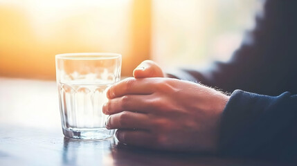 Man's hands clasped, glass of water, cafe, sunlight