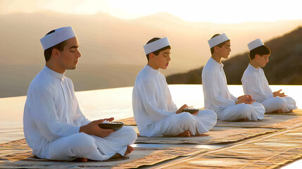 Men meditate sunset poolside mountain backdrop; spiritual retreat