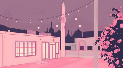 Pink cafe evening cityscape, mosque backdrop, romantic mood, website banner