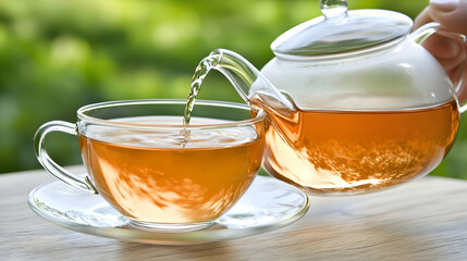 Pouring tea into cup, garden background, relaxation