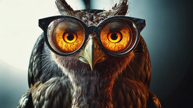 Wise owl wearing glasses gazes intently at viewer with bright orange eyes