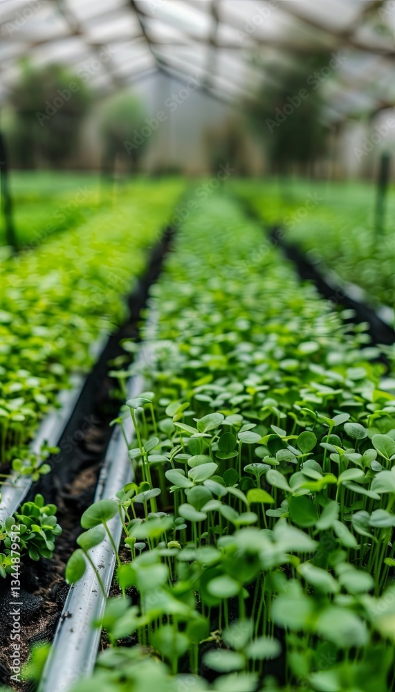 Poster Rows of vibrant microgreens thriving under efficient drip irrigation in a well-maintained greenhouse environment Generative AI