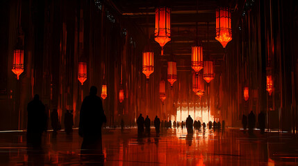 Silhouetted figures walking in a grand hall with red lanterns, glowing entrance