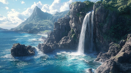 Majestic waterfall cascading down rocky cliffs into a vibrant ocean, surrounded by lush greenery and mountains