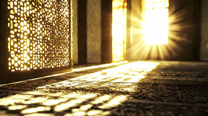 Sunlight streams through ornate doors in ancient building