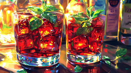 Two iced drinks, mint garnish, bar background, summer refreshment