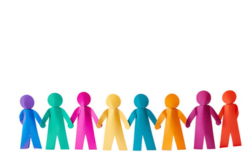 Colorful paper chain people holding hands against a transparent background.  A symbol of unity and togetherness, PNG