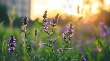 Purple Wildflowers In Green Field Illuminated By Golden Sunset Light