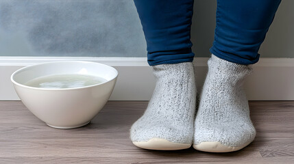 Woman's feet in warm socks near water bowl