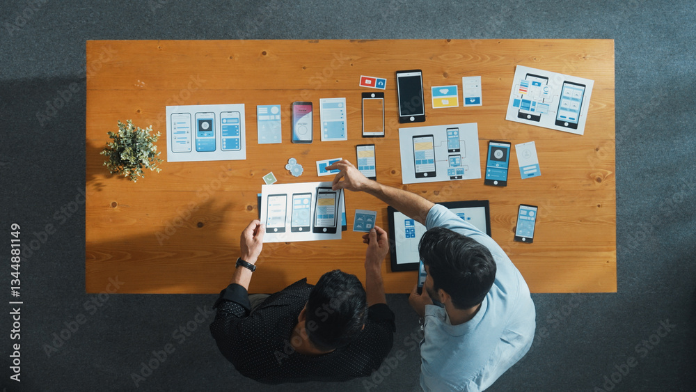 Poster top view of software developer working on ux ui design while team working together to brainstorm and
