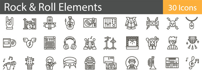 Rock and Roll Elements Line Icons Set. Collection of 30 outline icons representing rock music, instruments, and iconic elements of rock and roll culture. Editable stroke vector illustration.

