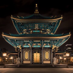 A beautifully lit traditional asian temple at nighttime showcases architecture