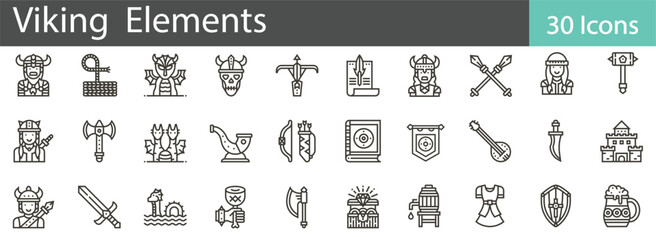 Viking Elements Line Icons Set. Collection of 30 outline icons representing Viking culture, symbols, and historical elements. Editable stroke vector illustration.