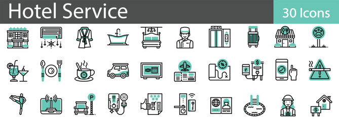 Hotel Service Line Icons Set. Collection of 30 outline icons representing hotel amenities, services, and facilities. Editable stroke vector illustration.