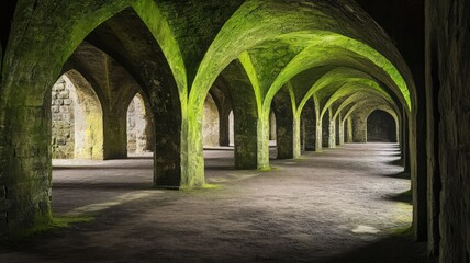 Obraz premium Ancient Stone Arches Covered in Green Moss, Underground Structure