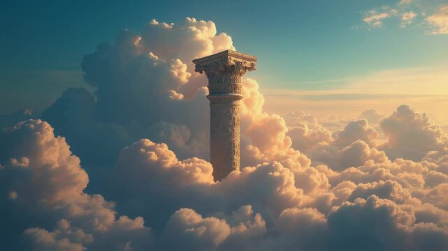 Heavenly Pillars Rise Majestically Amidst Ethereal Cloudy Skies, Smooth repeating motion for background video animation