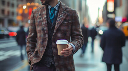 Stylishly dressed man holding a coffee cup while walking through a bustling city street