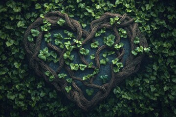 Naklejka premium A heart of intertwined vines surrounded by green leaves