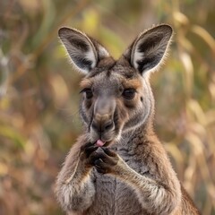 Fototapeta premium Western Grey Kangaroo cooling itself licking forearms midday heat sharp focus texture of tongue and fur shallow depth of field creating a soft blurred background overcast lighting for natural contrast