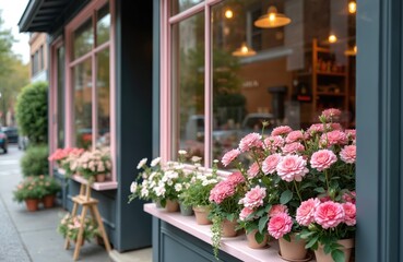Flower shop window with pink roses, white daisy flowers in pots. Retail floral business, small local shop exterior, decoration arrangement. Quaint gardening plant presentation design, romantic