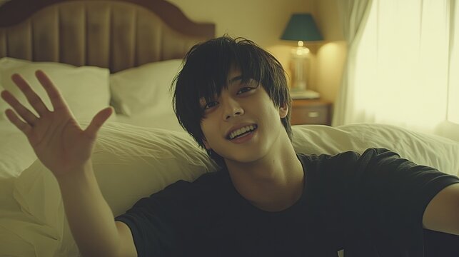 Young man waves from hotel bed, morning light
