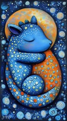 Fototapeta premium A peaceful blue creature cuddles a colorful spotted egg at night