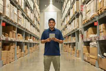 Warehouse worker wearing a hat and blue shirt hands holding tablet check stock on tall shelves in warehouse storage. Asian auditor or staff work looking up stocktaking inventory in warehouse store.