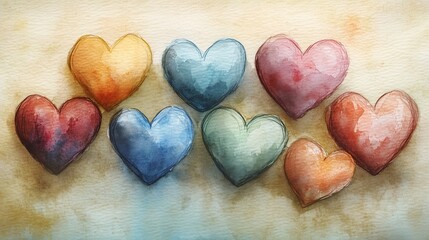 Obraz premium Delicate Watercolor Hearts in Soft Pastel Colors on Textured Paper