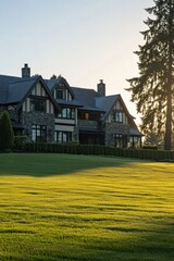This breathtaking estate features exquisite stone architecture, beautifully set against a lush green lawn that glows during the golden hour, all while nestled in a peaceful suburban environment