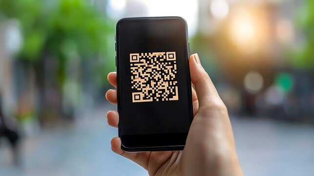 A hand holding a smartphone displays a square barcode image