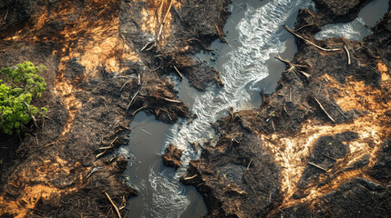 Shattered Ecosystem: Aerial Perspective of Deforestation in the Heart of the Amazon, Scattered Trees, Logs, Timber, and Destroyed Rainforest