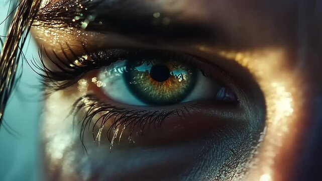 Close-up of a person's eye showcasing intricate details, vibrant colors, and reflections in the iris