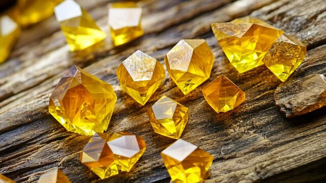 Bright yellow gemstones scattered on a rustic wooden surface highlighting their unique shapes and reflections