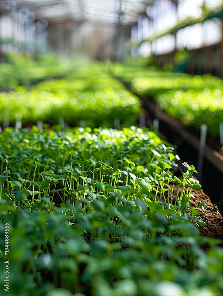 Poster Rows of microgreens nurtured under efficient drip irrigation in a clean greenhouse environment Generative AI