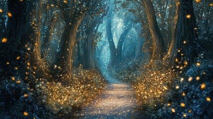 Fototapeta premium Enchanted Forest Pathway with Glowing Lights and Lush Greenery in a Mystical Setting