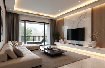 Modern minimalist living room with marble wall panel and big TV set. Beige sofa with coffee table on carpet and green plant near balcony window. Interior design in luxury apartment.