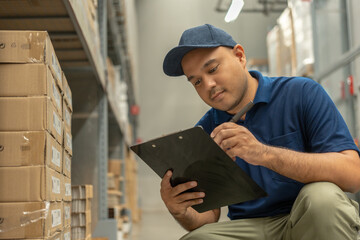 Warehouse worker wearing a hat and black shirt checking quality by clipboard on tall shelves in...