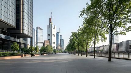 Modern Cityscape View Featuring Skyscrapers and Trees along a Paved Pathway in Daytime with Blue Sky